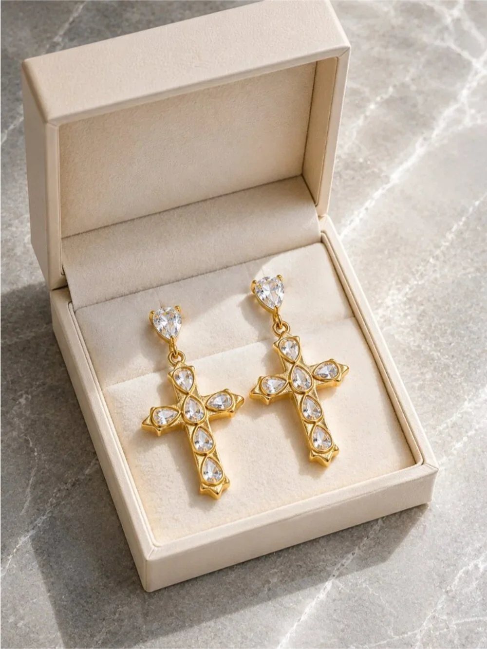 18 K plated Gold Cross Drop Earrings with Clear Stones